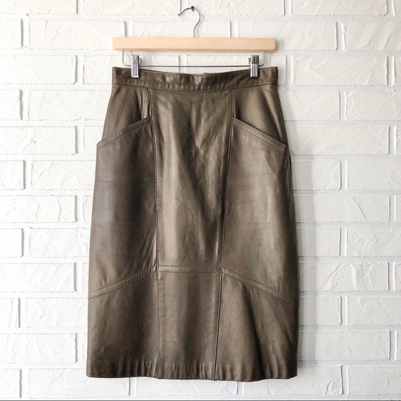 Vintage 80s mossy taupe leather midi pencil skirt - Picture 3 of 15